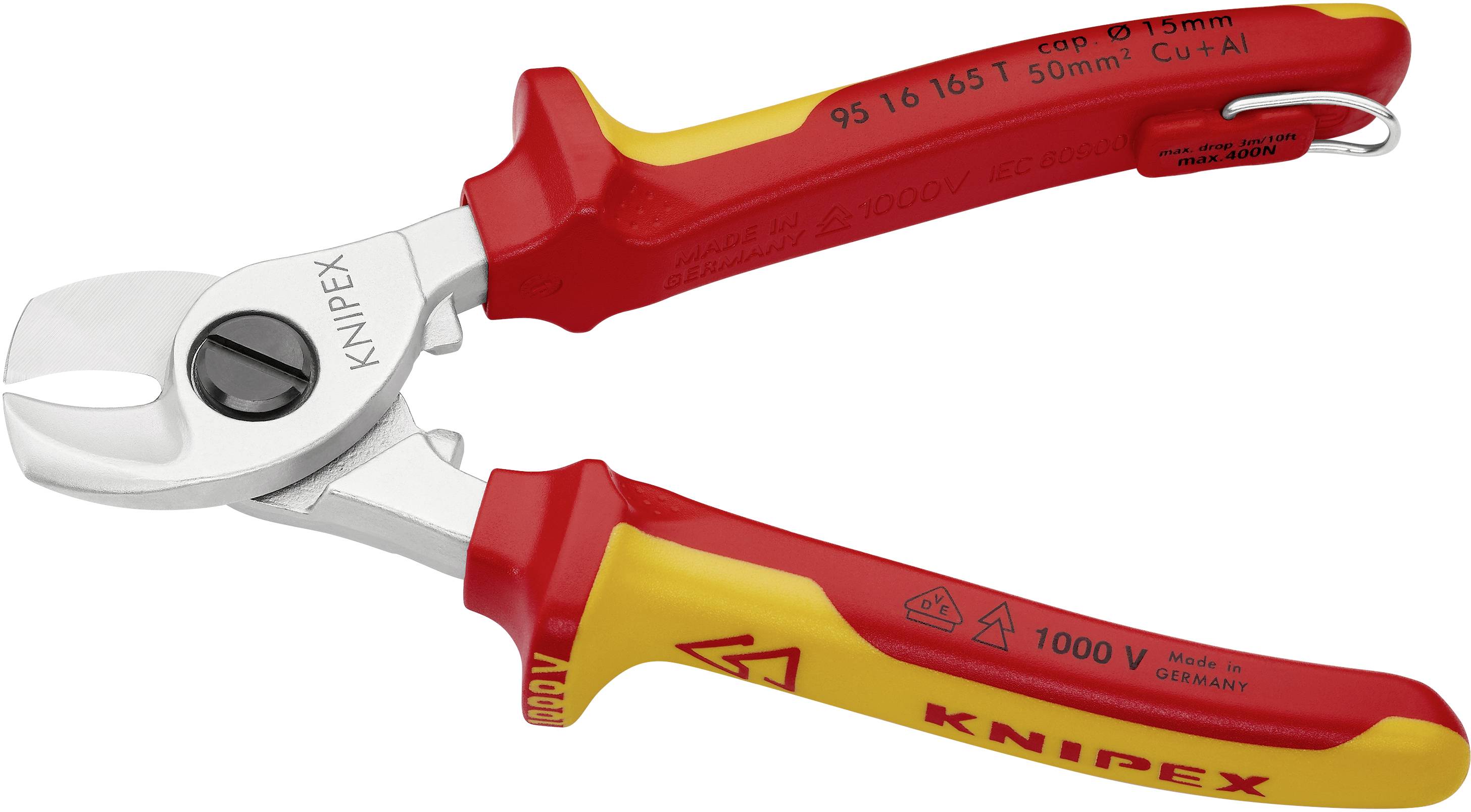Ein isolierter Kabelschneider mit roten und gelben Griffen von Knipex, geeignet für Arbeiten bis 1000 V, speziell für Cu- und Al-Kabel.