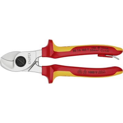 Abgebildet ist ein roter und gelber Kabelschneider der Marke KNIPEX, geeignet zum Schneiden von Kabeln bis zu 15 mm Durchmesser.