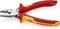 Eine rote und gelbe Zange der Marke Knipex, geeignet für Arbeiten bis 1000 V, mit verschiedenen Schneid- und Crimpfunktionen.
