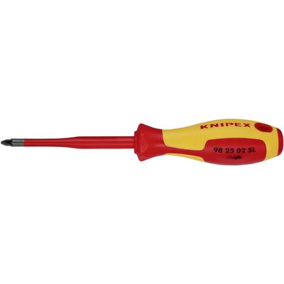 Kreuzschlitzschraubendreher mit rot-gelbem, ergonomischem Griff, der Aufschrift 'Knipex 98 25 02 SL' und einer schwarzen Spitze.