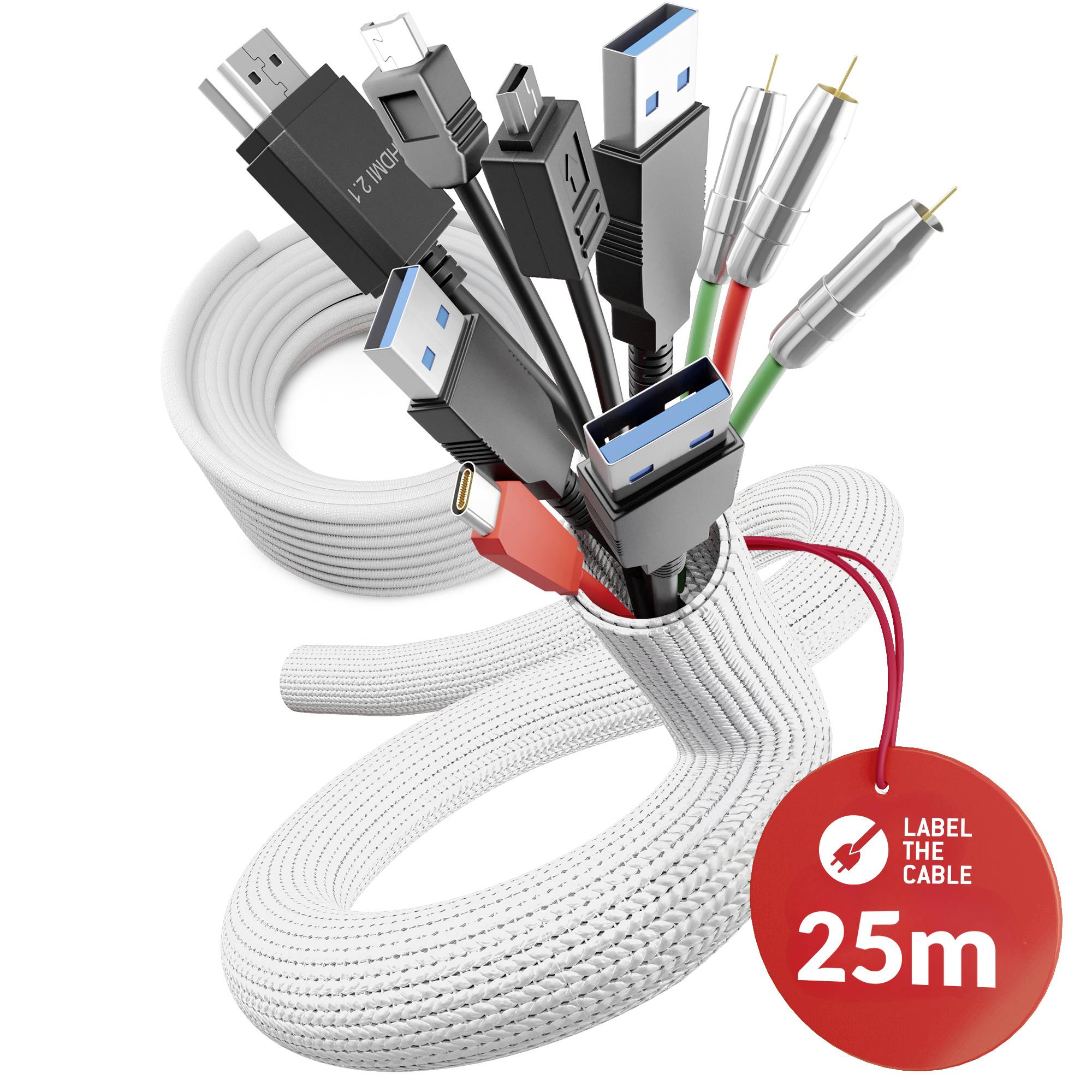 Aufgerolltes weißes Kabelpaket mit mehreren USB-, HDMI- und Audio-Anschlüssen, die herausragen; ein rotes Etikett liest „LABEL THE CABLE 25m".