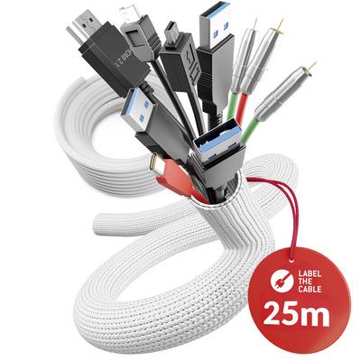 Aufgerolltes weißes Kabelpaket mit mehreren USB-, HDMI- und Audio-Anschlüssen, die herausragen; ein rotes Etikett liest „LABEL THE CABLE 25m".