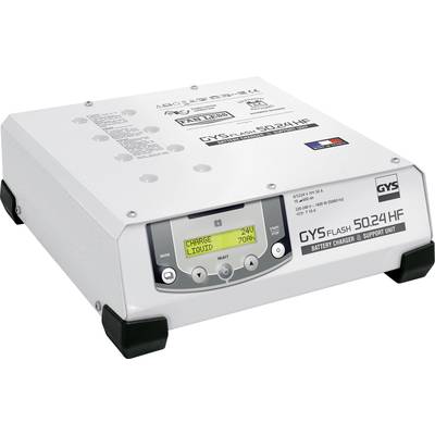 Ein GYSFlash 50.24 HF Batterieladegerät mit einem digitalen Display, das 'Charge Liquid 24V 70Ah' anzeigt. Gerät hat ein modernes, rechteckiges Design.