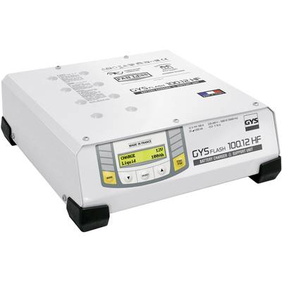Batterieladegerät und Stützeinheit mit Display, Anzeige 'CHARGE 12V Liquid 100Ah'. Gehäuse mit GYS-Logo. Made in France.