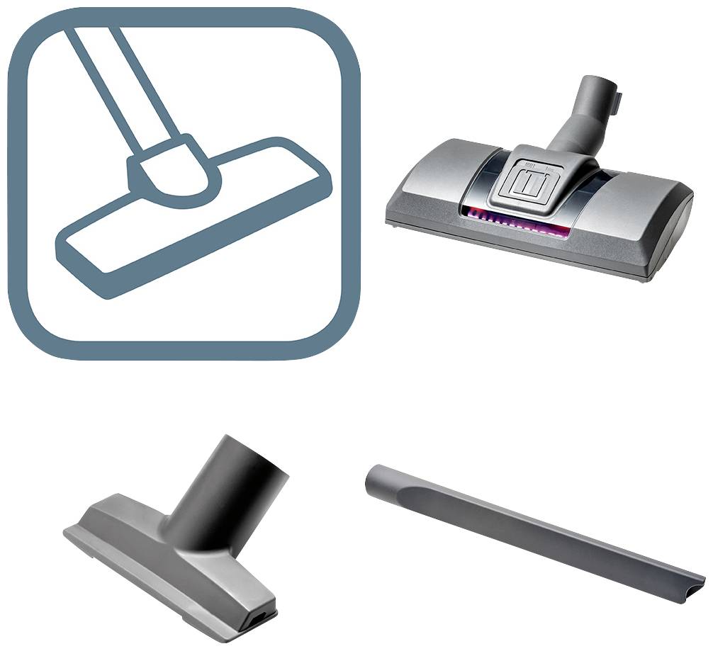 Drei Staubsaugerdüsen und ein Symbolbild einer Düse. Jede zeigt unterschiedliche Reinigungsfunktionen und -formen.