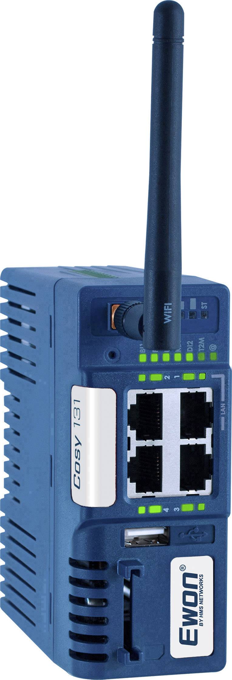 Ein blaues industrielles Kommunikationsgerät mit einem Antennenanschluss und mehreren Netzwerkschnittstellen, geeignet für die Fernüberwachung.