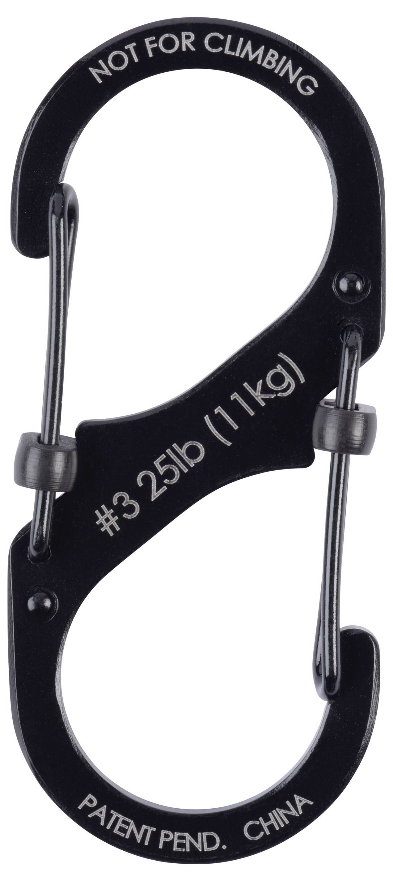 Schwarzer S-förmiger Karabiner mit Doppelclips, beschriftet mit 'NICHT ZUM KLETTERN GEEIGNET', '#3 25lb (11kg)' und 'PATENT ANGEMELDET. CHINA'.