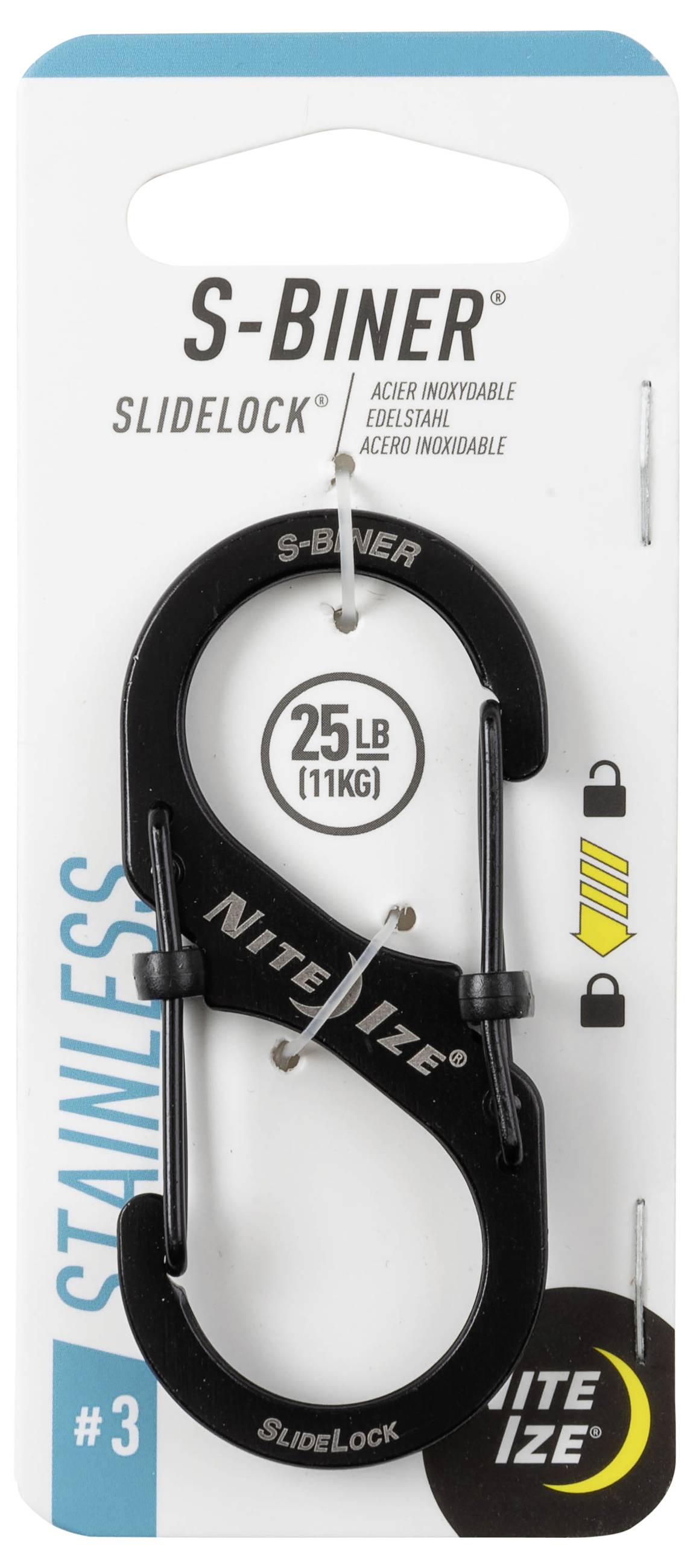 S-Biner SlideLock in Verpackung, hält bis zu 25 lbs (11 kg), Edelstahl, schwarz. Nite Ize Markenlogo.