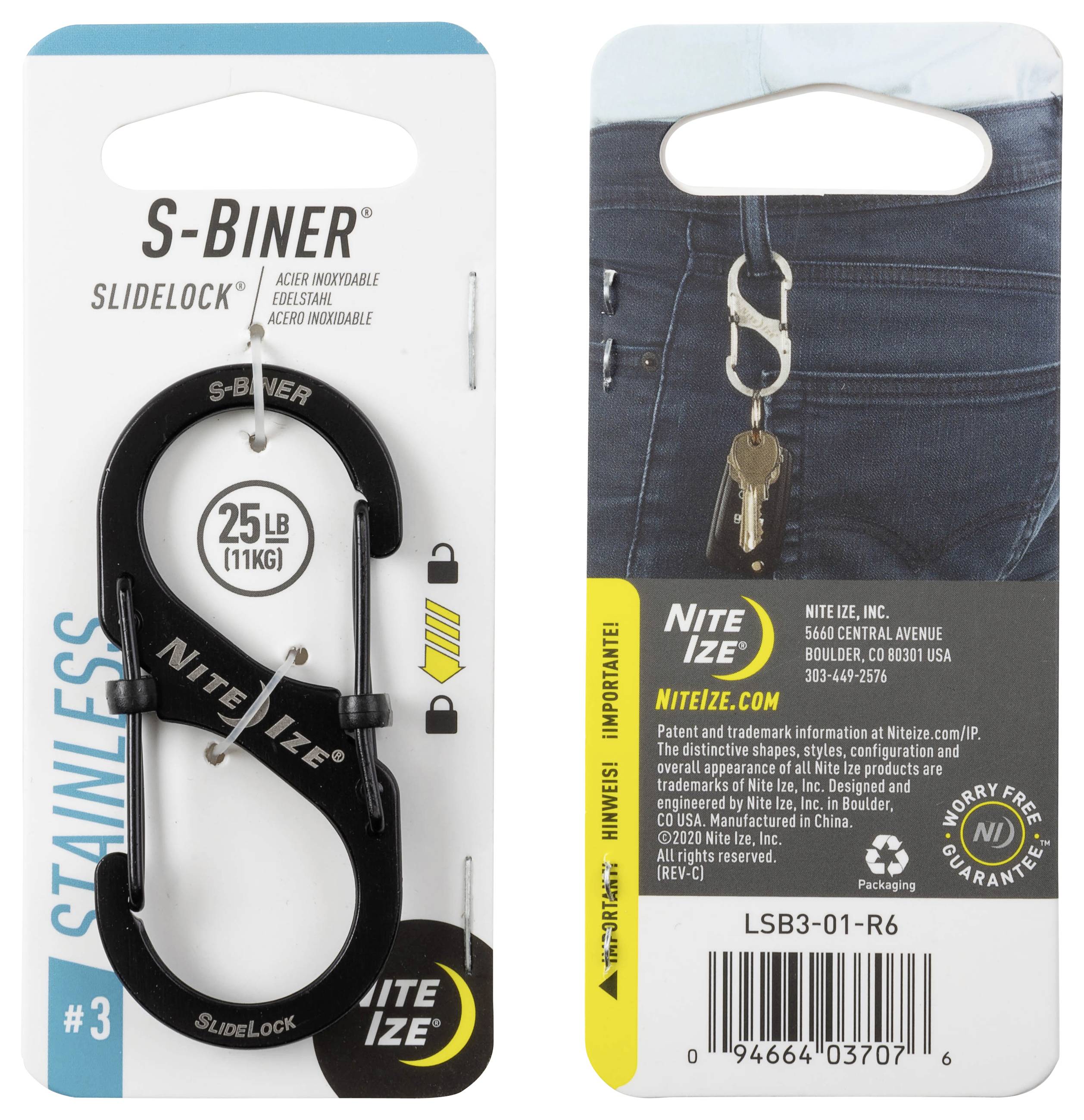 "Schwarzer S-Biner Slidelock" Abbildung mit Spezifikationen: hält 25 lbs (11 kg), Edelstahl. Wird als Schlüsselhalter verwendet, der an einer Jeans-Gürtelschlaufe befestigt wird.