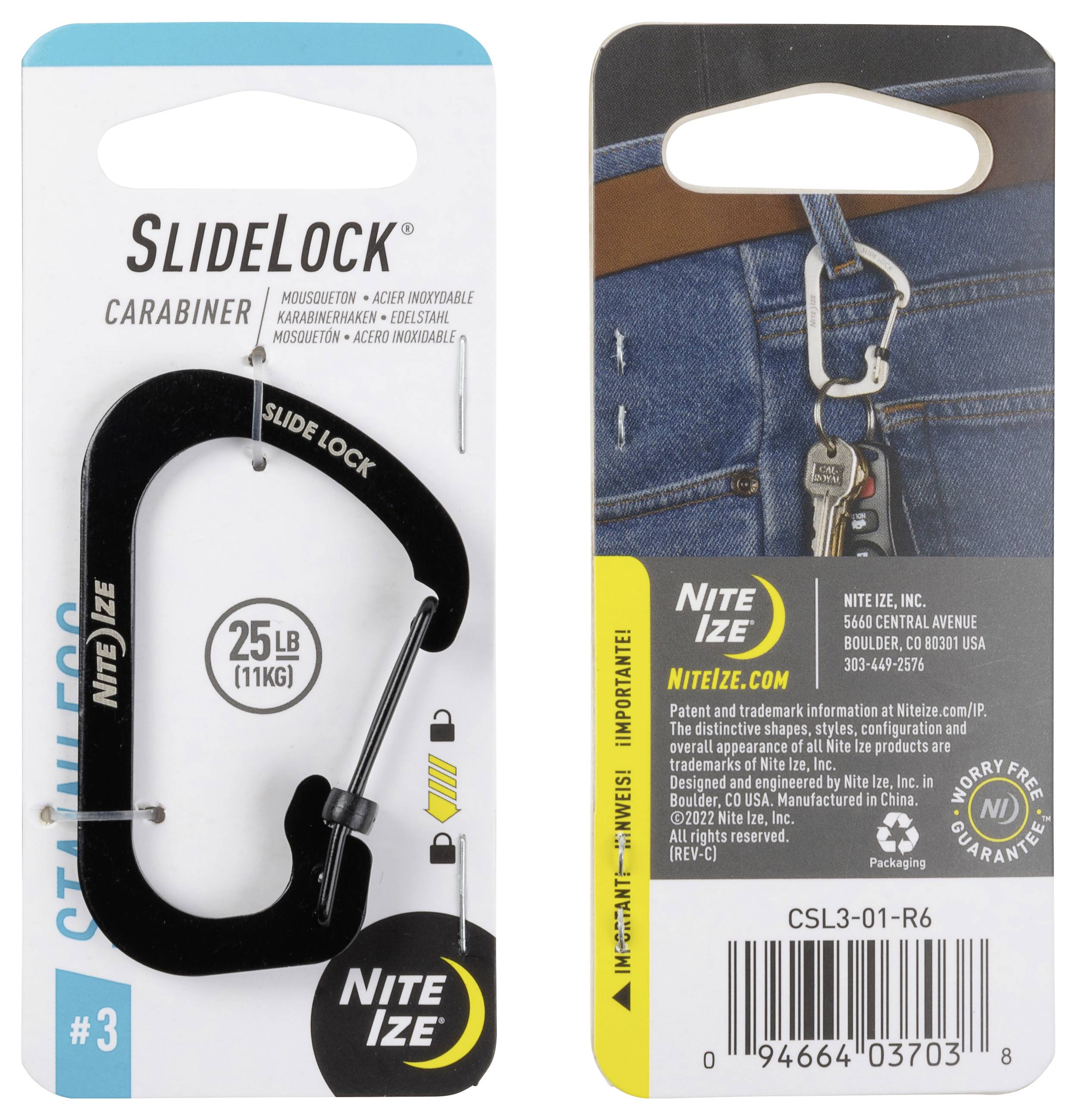 "Nite Ize SlideLock Karabiner" Verpackung. Links: Schwarzer Karabiner auf weißem Hintergrund, Belastbarkeit von '25 LB'. Rechts: Karabiner mit Schlüsseln an einer Jeans.