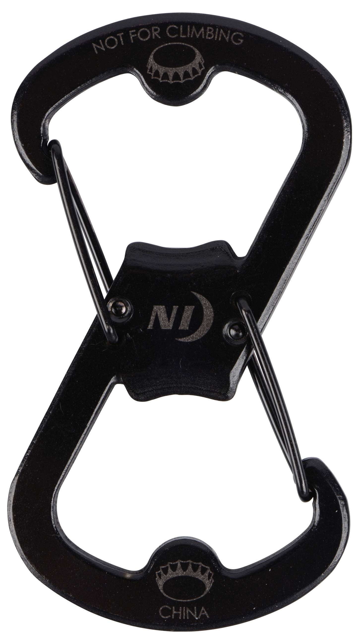 Ein schwarzer Doppel-Karabiner mit zwei Federtoren und dem Aufdruck 'NOT FOR CLIMBING' und 'CHINA'.