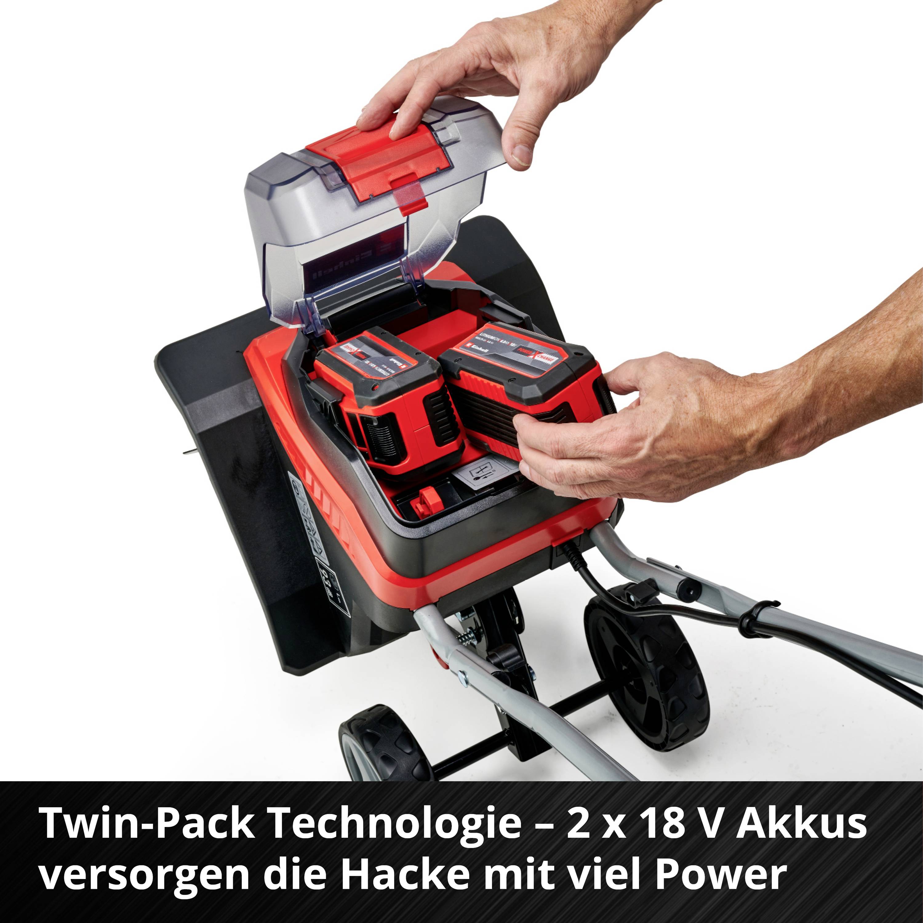 Ein Rasenmäher mit geöffnetem Akku-Fach zeigt zwei 18V Akkus. Ein Paar Hände überprüft die Akkus. Text betont die Twin-Pack-Technologie.