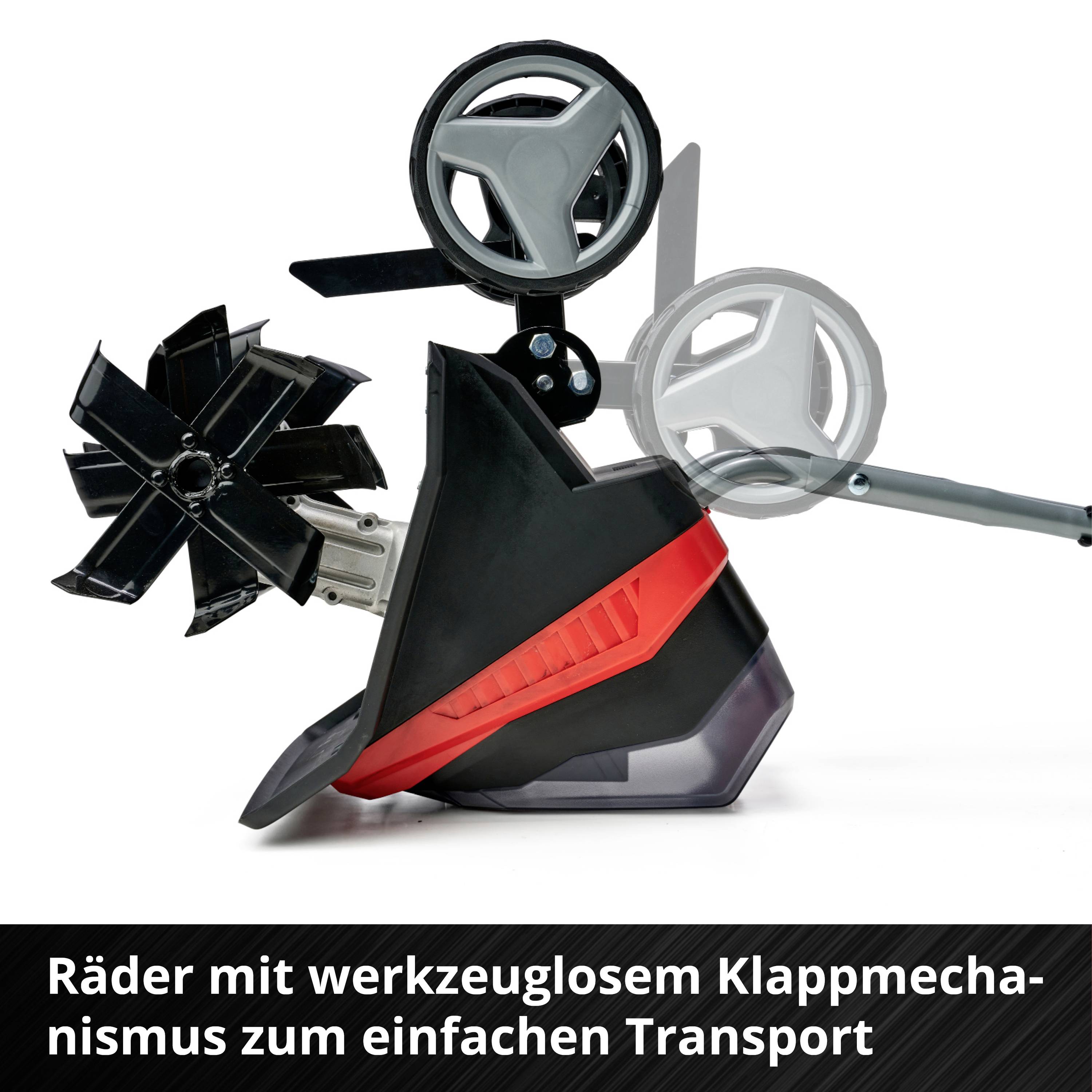 Ein Rasenmäher mit zwei Rädern und oben zwei Klappgriffen. Text: 'Räder mit werkzeuglosem Klappmechanismus zum einfachen Transport'.