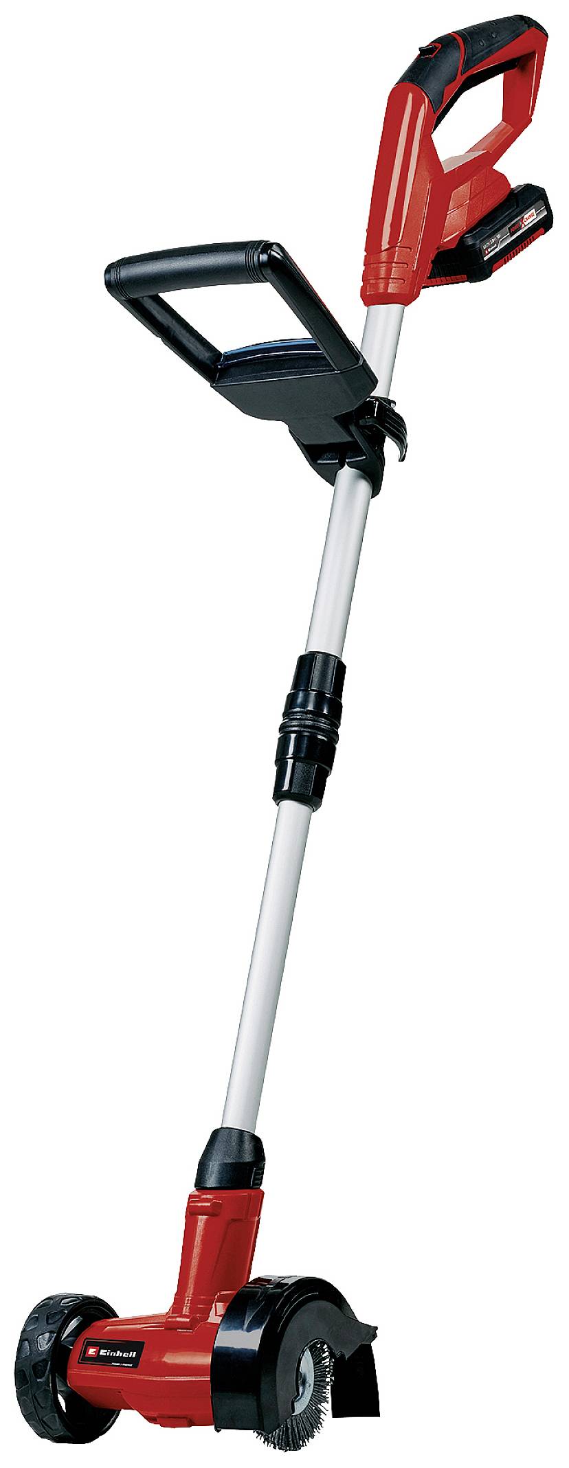 Roter elektrischer Rasenkantenschneider mit Rädern und verstellbarem Griff, geeignet für präzises Schneiden von Rasenkanten.