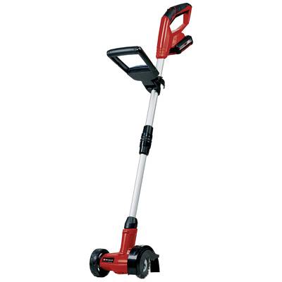 Roter elektrischer Rasenkantenschneider mit Rädern und verstellbarem Griff, geeignet für präzises Schneiden von Rasenkanten.
