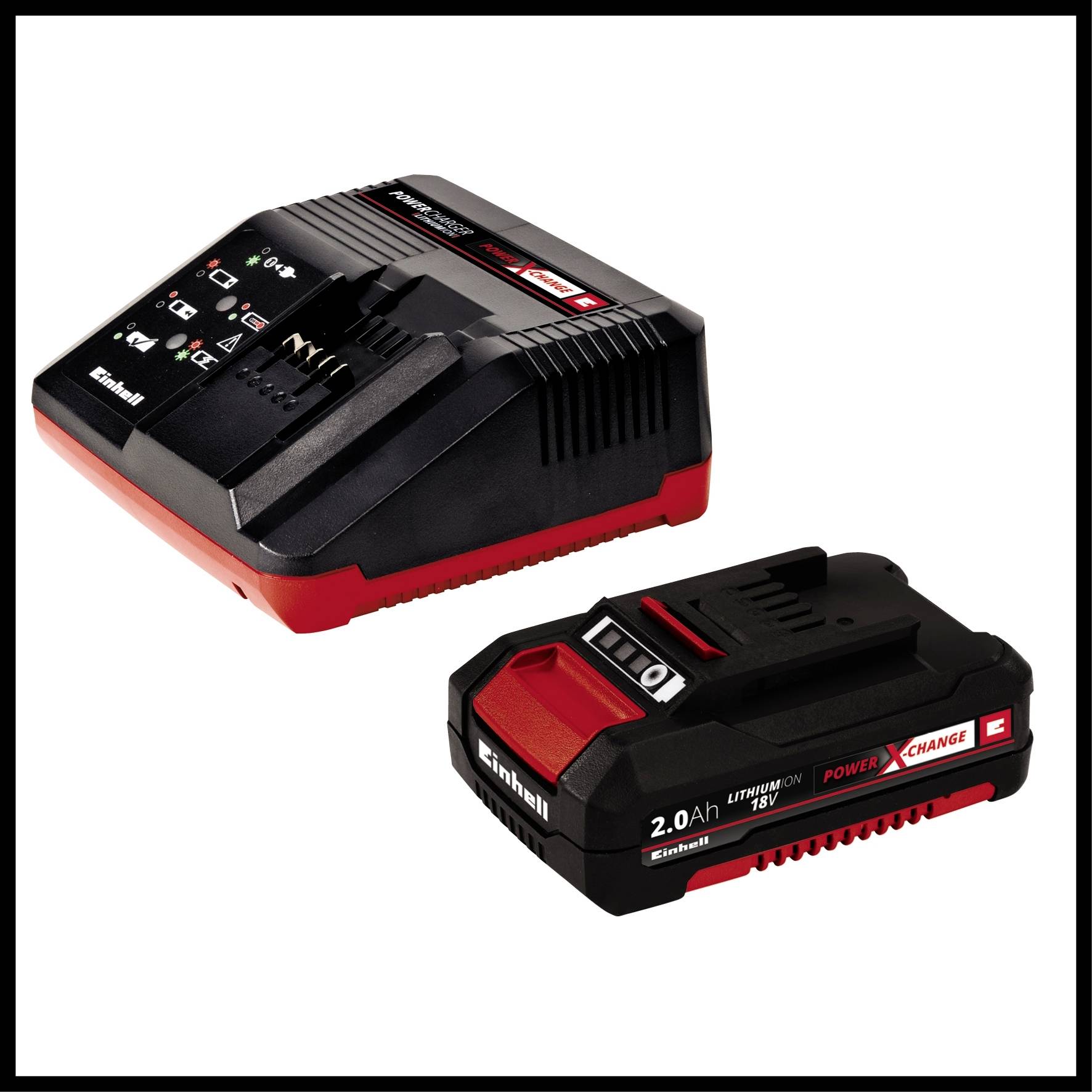 Ladegerät und Akku-Set mit schwarzem Gehäuse und roten Details, für 18V Lithium-Ionen-Batterien, Marke 'Einhell'.