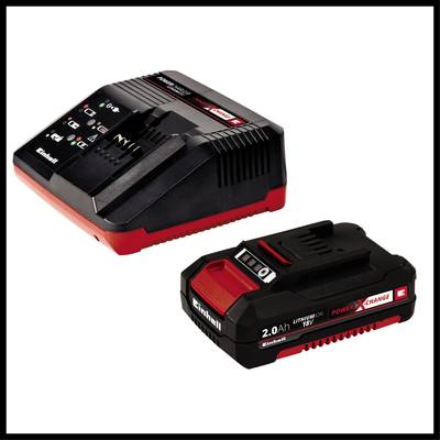 Ladegerät und Akku-Set mit schwarzem Gehäuse und roten Details, für 18V Lithium-Ionen-Batterien, Marke 'Einhell'.