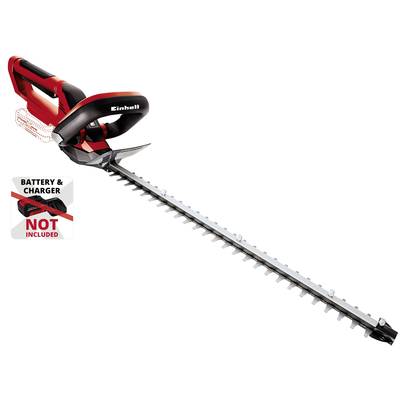 Elektrische Heckenschere in Schwarz-Rot, mit langem silbernem Schneideblatt. Hinweis: 'Battery & charger not included'.