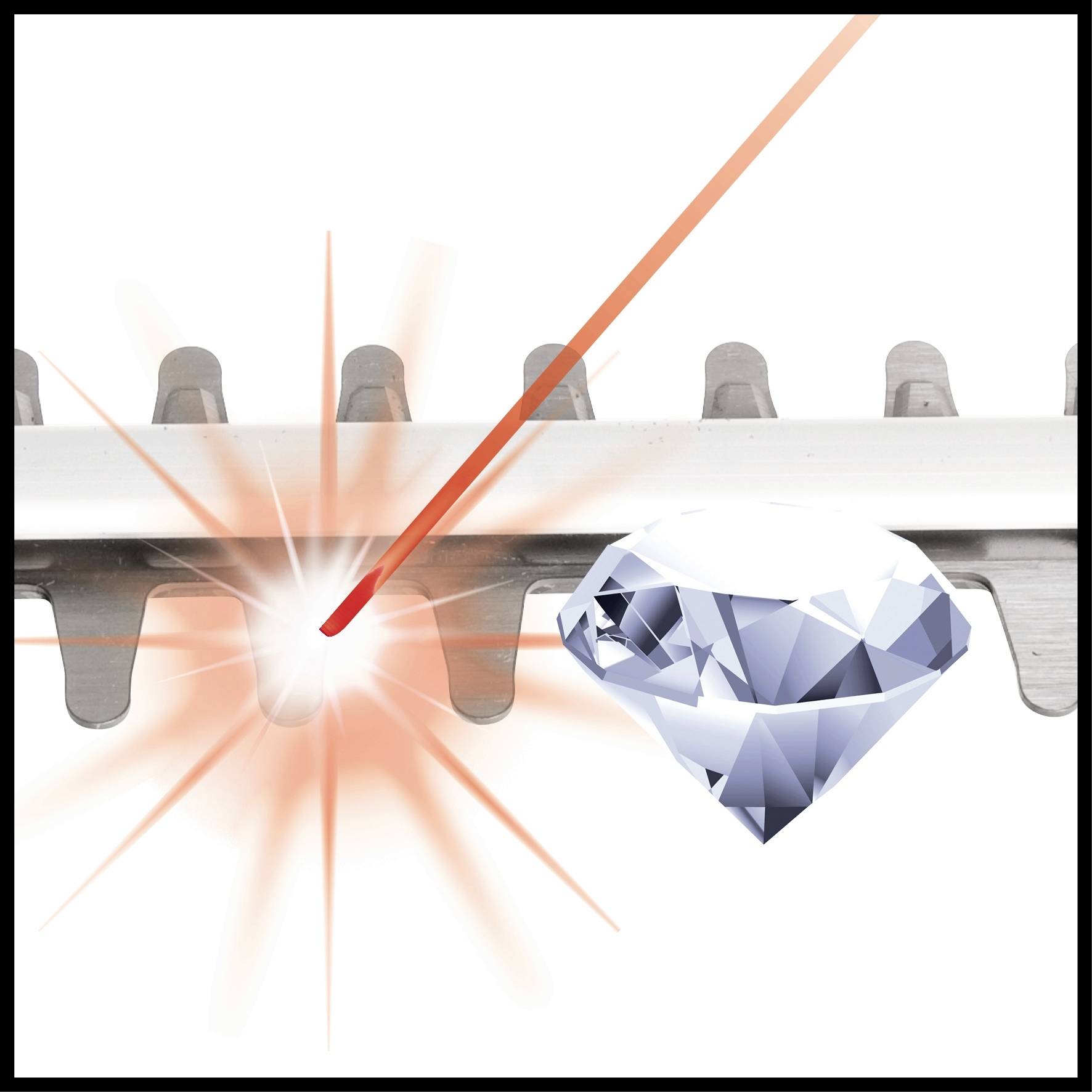 Ein Laserstrahl schneidet zwischen Kettengliedern, daneben ein glänzender Diamant, der Präzision und Exzellenz symbolisiert.