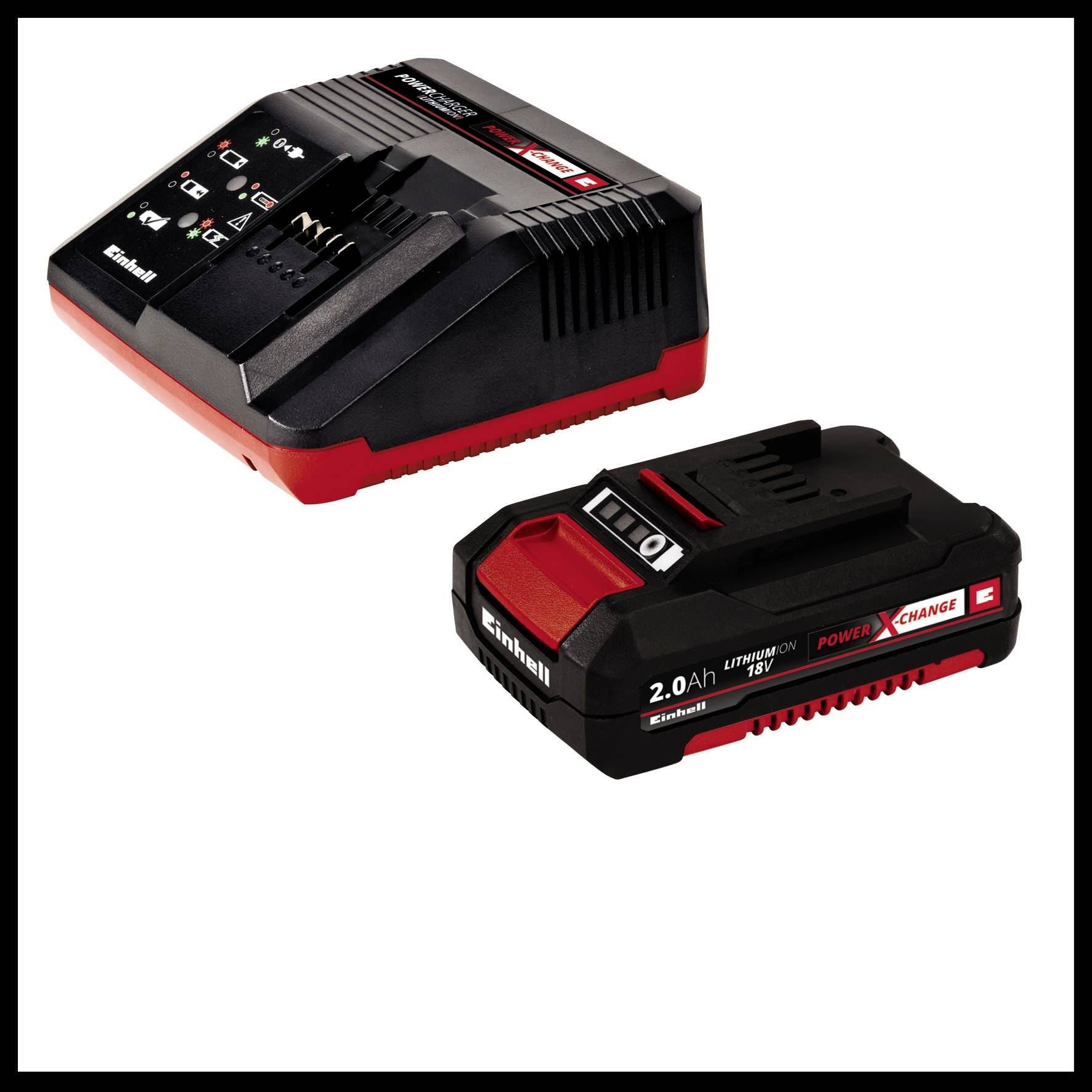 Akkuladegerät und Akku mit der Aufschrift 'Power X-Change' in Schwarz und Rot auf weißem Hintergrund.