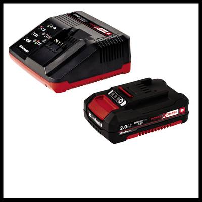 Akkuladegerät und Akku mit der Aufschrift 'Power X-Change' in Schwarz und Rot auf weißem Hintergrund.