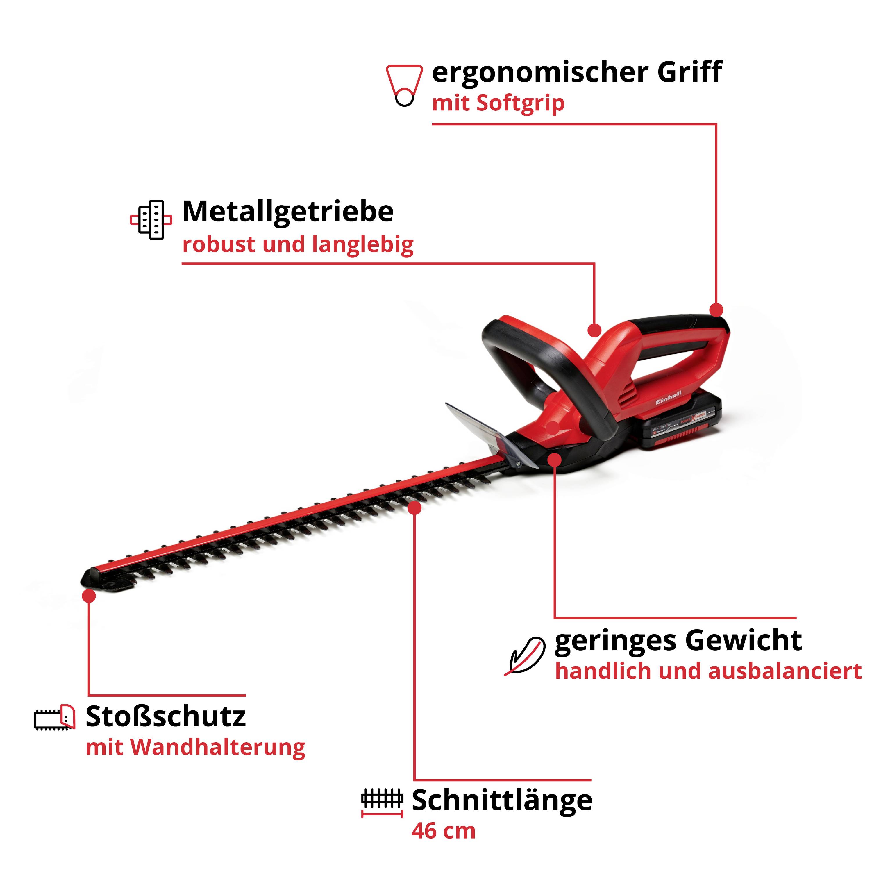 'Rote Heckenschere mit ergonomischem Griff, Metallgetriebe, Stoßschutz und 46 cm Schnittlänge. Geringes Gewicht, handlich und ausbalanciert.'
