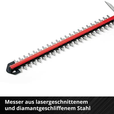 Eine rot-graue Schiene mit zackigen Klingen, darunter der Text 'Messer aus laser- und diamantgeschnittenem Stahl'.