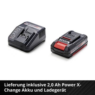 Ein Ladegerät und ein 2,0 Ah Power X-Change Akku. Text: 'Lieferung inklusive 2,0 Ah Power X-Change Akku und Ladegerät'.