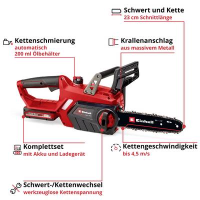'Akkusäge mit 23 cm Schnittlänge, automatischer Kettenschmierung, Krallenanschlag. Komplettset inkl. Akku und Ladegerät.'