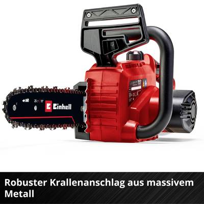 Die Abbildung zeigt eine rote, elektrische Kettensäge der Marke Einhell mit einem robusten Krallenanschlag aus massivem Metall.