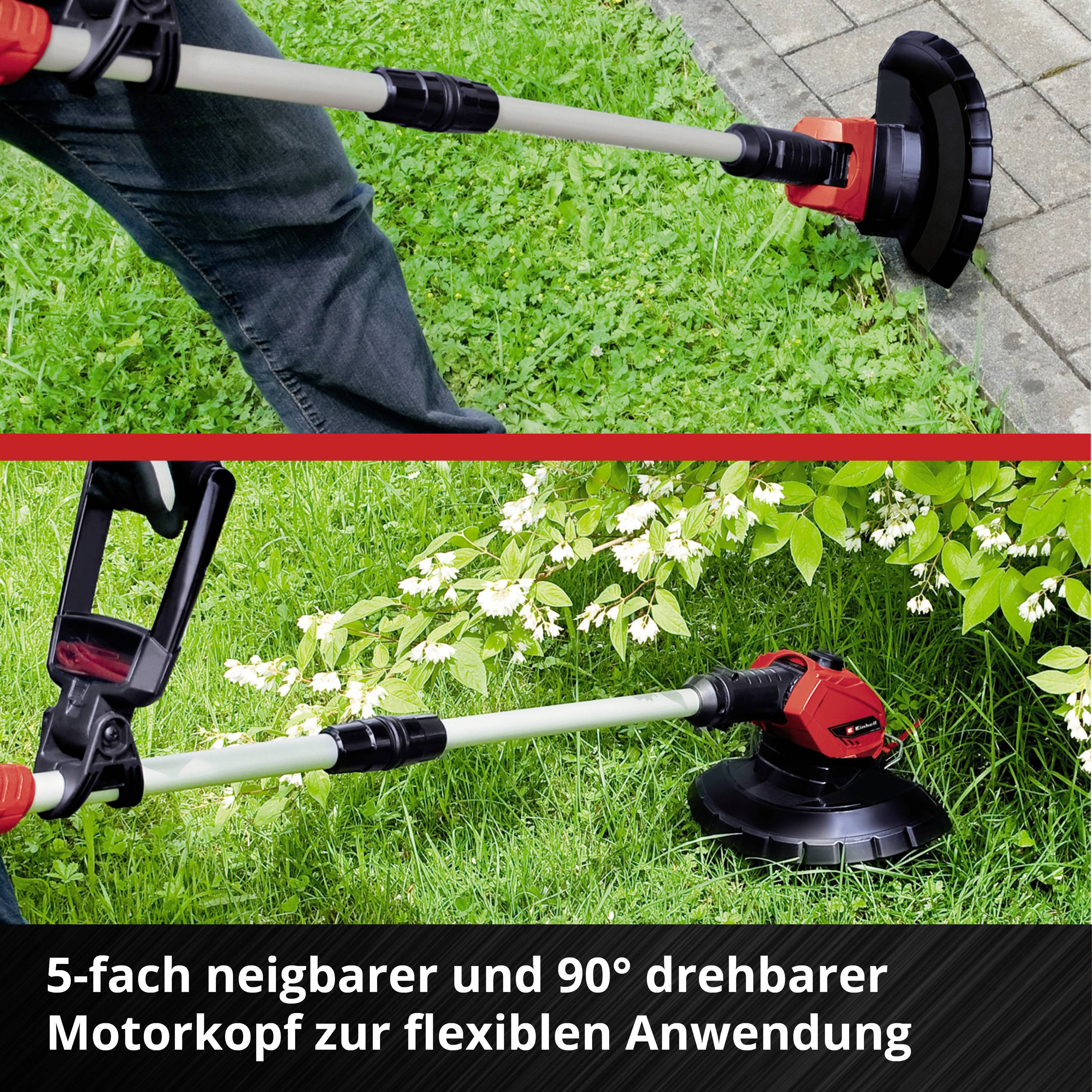 '5-fach neigbarer und 90° drehbarer Motorkopf zur flexiblen Anwendung.' Eine Motorsense für die Rasenpflege auf einem Rasenstück.