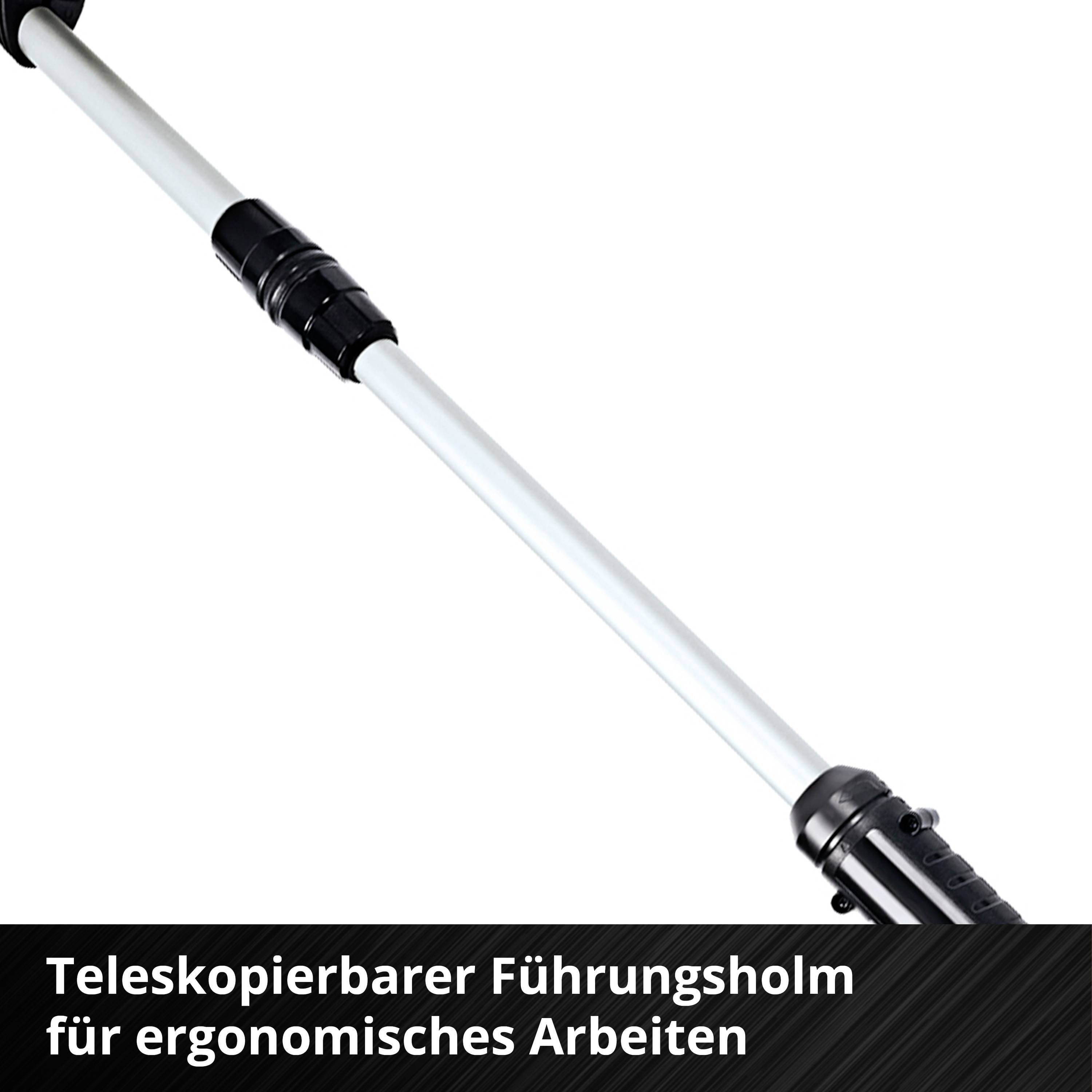 Teleskopierbarer Führungsholm für ergonomische Arbeiten, schwarz und weiß, verlängert, mit Griff und Verriegelungsmechanismus.