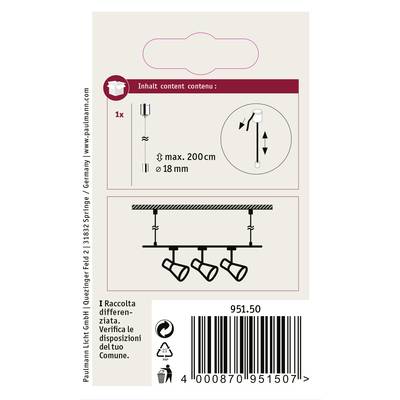 Verpackungsrückseite eines Deckenlampensets. Zeigt Montageschema, max. Höhe 200 cm, Durchmesser 18 mm. Enthält Recyclinghinweise.