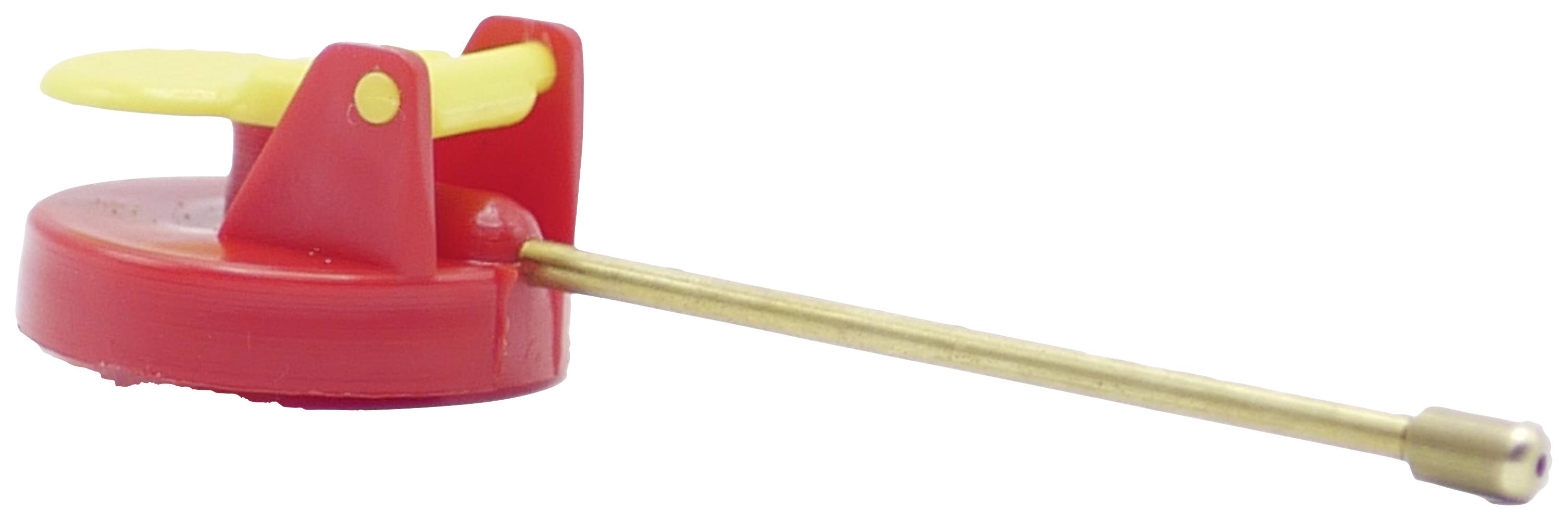 Ein rotes, rundes Sicherheitsventil mit gelbem Hebel und Metallstange, verwendet zur Drucküberwachung in Dampfkochtöpfen.