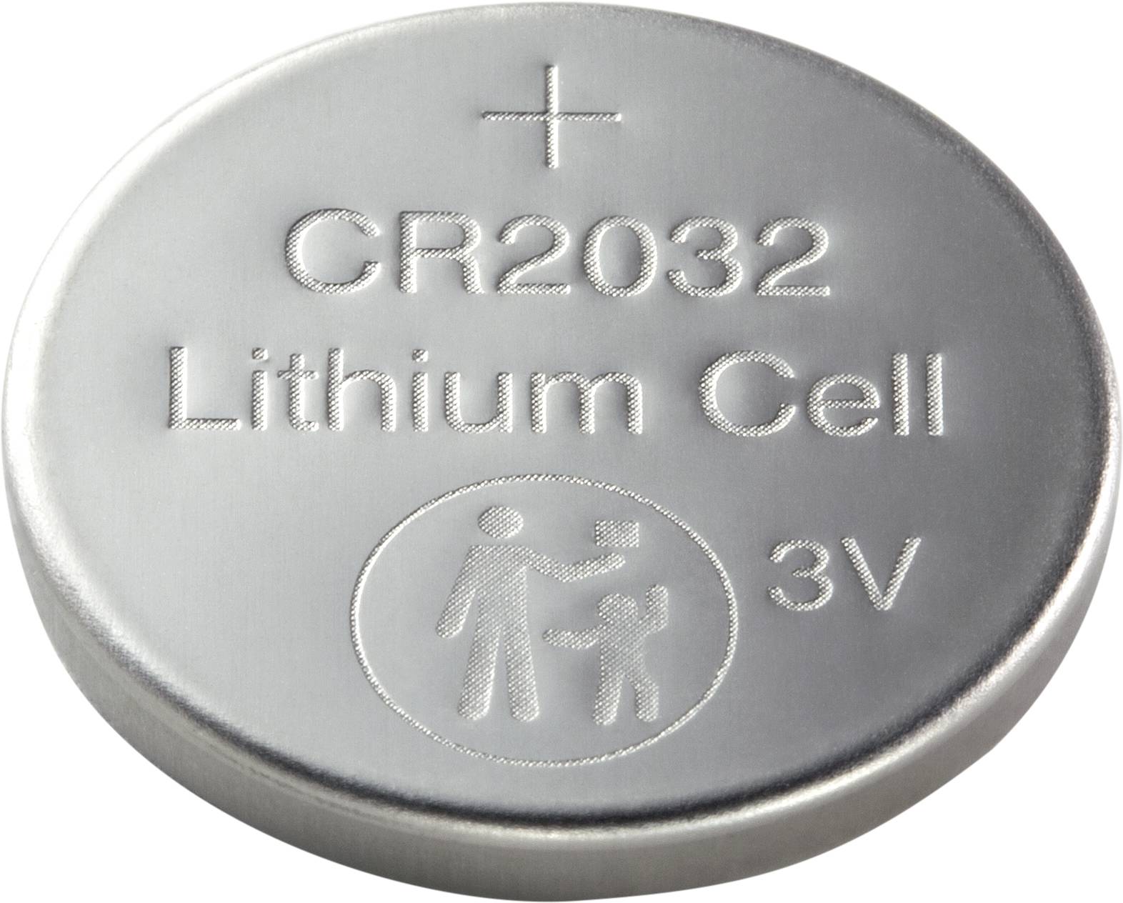 Silberne Knopfzelle mit aufgeprägter Aufschrift 'CR2032 Lithium Cell 3V' und einem Warnsymbol.