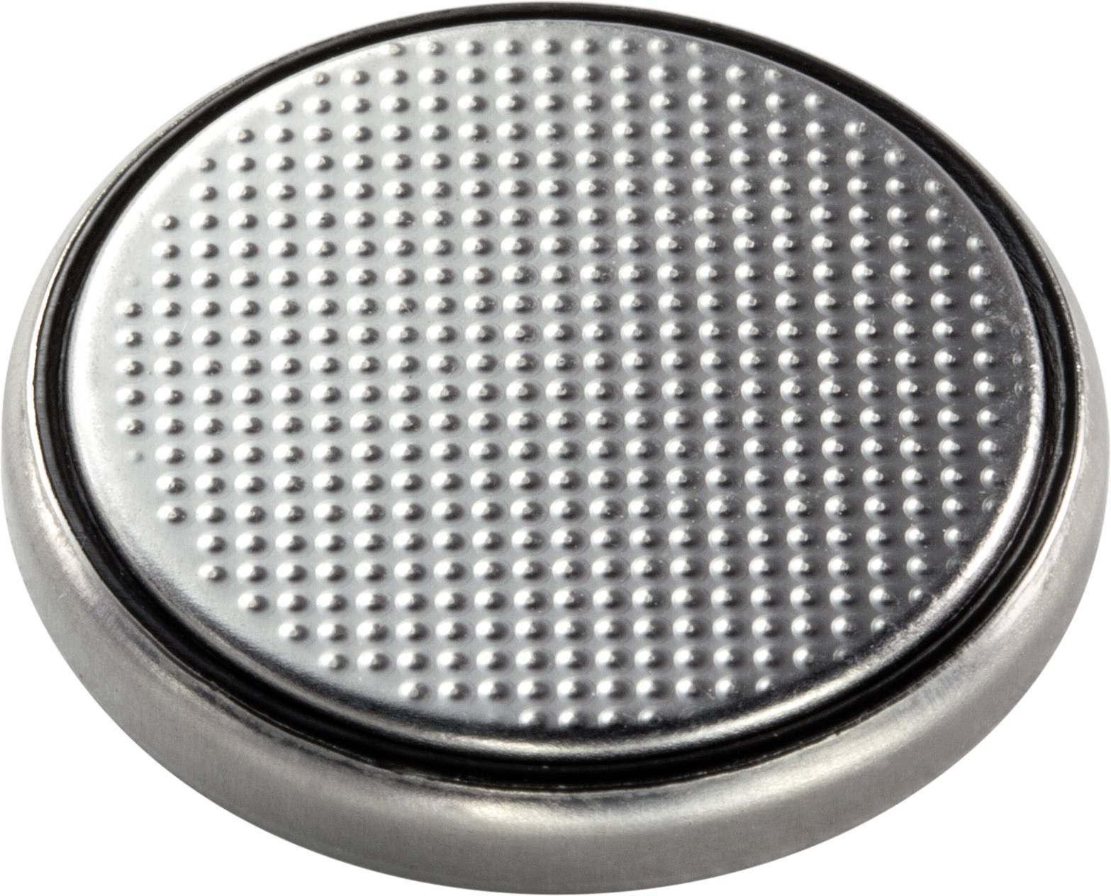 Eine runde Silberknopfzelle, oft in kleinen elektronischen Geräten verwendet, mit einem texturierten, gepunkteten Muster auf der Oberseite.