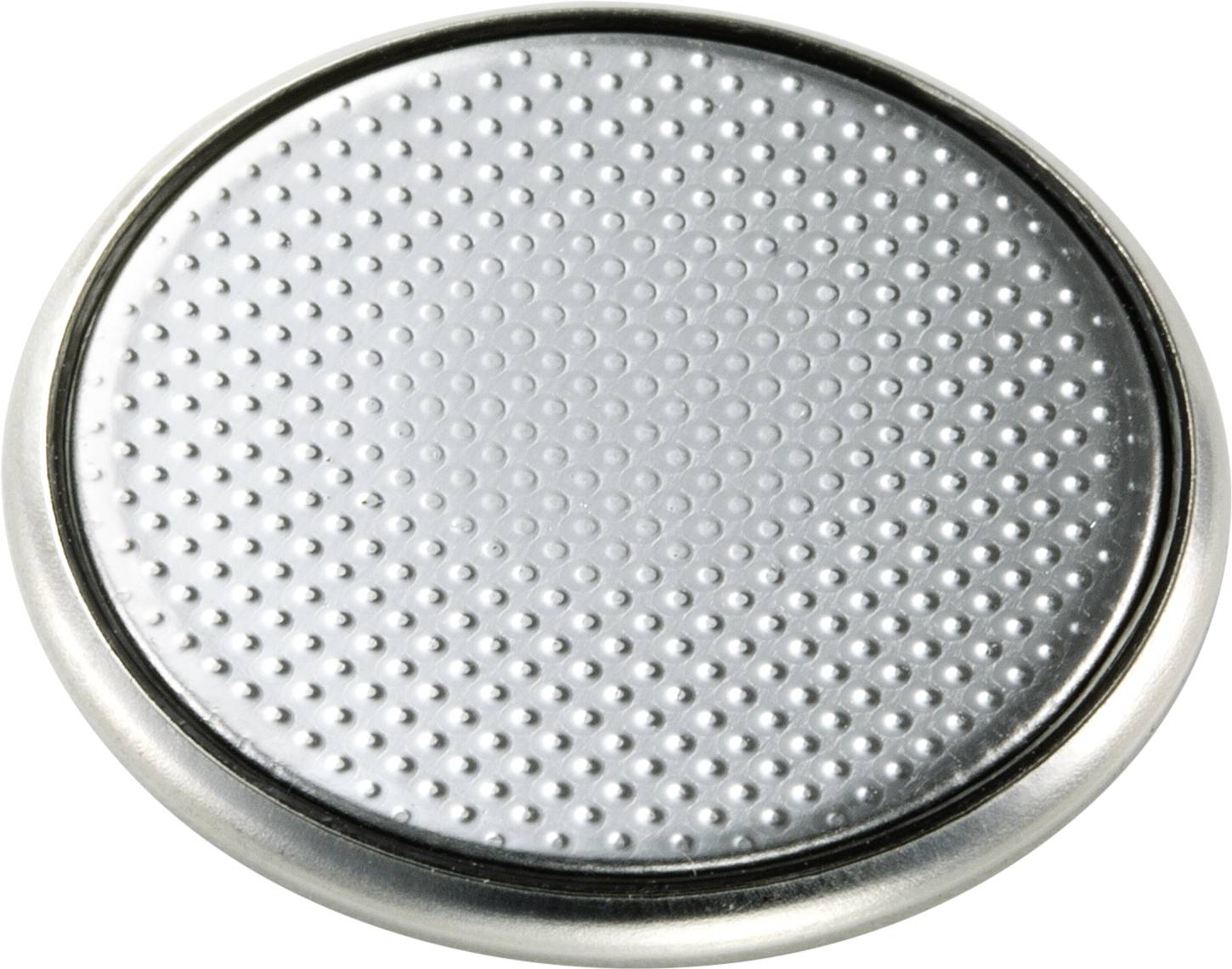 Eine silberne Knopfzellenbatterie mit einer texturierten Oberseite.