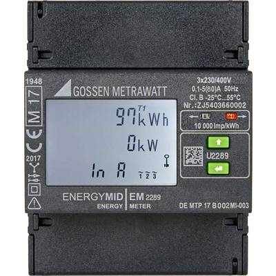 Ein Stromzähler zeigt 97 kWh Energieverbrauch und 0 kW Leistung an. Umgeben von technischen Spezifikationen und Tasten.