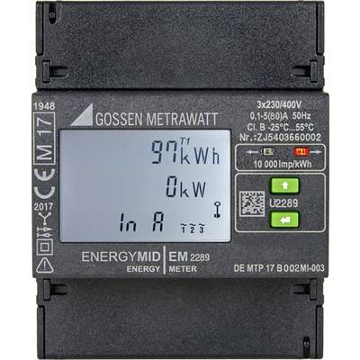 Ein digitales Energiekostenmessgerät zeigt 97,1 kWh und 0 kW an. Es gibt Geräteinformationen und ein QR-Code auf dem Display.