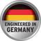 Rundes Logo mit deutscher Flagge und Text 'Engineered in Germany', symbolisiert deutsche Ingenieurskunst und Qualität.