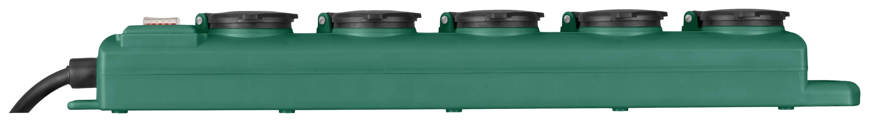 Grüne Mehrfachsteckdose mit fünf Steckplätzen und einem Kabel. Geeignet für den Anschluss mehrerer Geräte gleichzeitig.