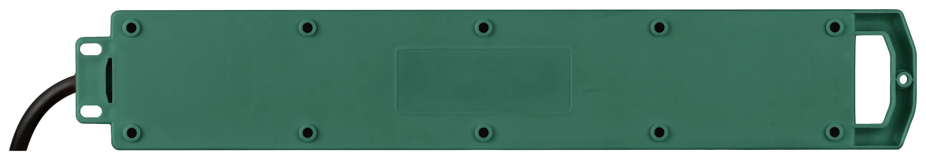 Ein rechteckiges, grünes Kunststoffgehäuse mit acht Schraubenlöchern und einem Kabel, wahrscheinlich ein elektronisches Gerät oder Komponente.