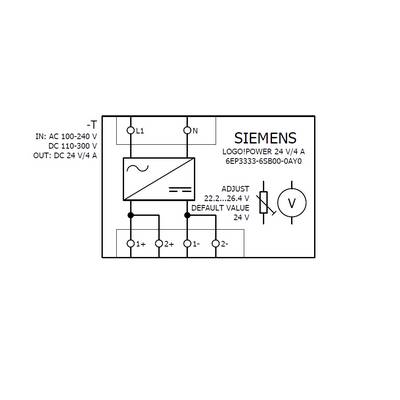 Schaltplan einer Siemens LOGO!POWER Stromversorgung. Eingänge: AC 100-240 V, DC 110-300 V. Ausgänge: DC 24 V/4 A. Spannung einstellbar 22,2-26,4 V.