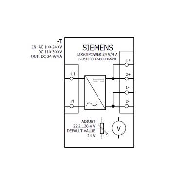 Diagramm zeigt ein Siemens LOGO!Power Netzteil. Eingang: AC 100-240 V, Ausgang: DC 24 V/4 A. Einstellbarer Bereich: 22,2-26,4 V. Standard: 24 V.