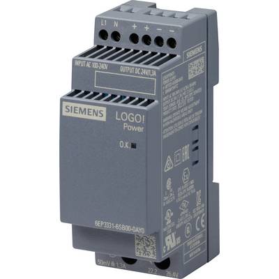 Eine graue Siemens LOGO! Stromversorgungseinheit mit Eingang 100-240V und Ausgang DC 24V/1,3A. Modell 6EP3331-6SB00-0AY0, mit Etiketten und technischen Daten.