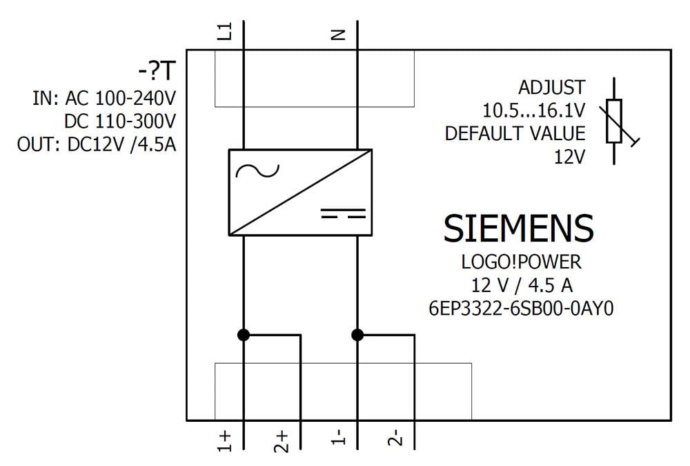 'Schaltplan eines Siemens-Logos' zeigt Anschlüsse, Stromversorgung 100-240V AC/110-300V DC, Ausgang 12V/4.5A, mit Anpassungsregler 10.5-16.1V, Standardwert 12V. Modell 6EP3322-6SB00-0AY0.