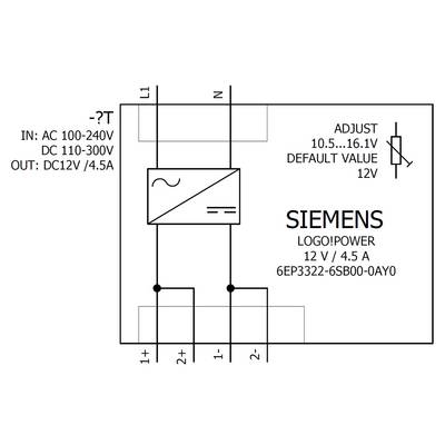 'Schaltplan eines Siemens-Logos' zeigt Anschlüsse, Stromversorgung 100-240V AC/110-300V DC, Ausgang 12V/4.5A, mit Anpassungsregler 10.5-16.1V, Standardwert 12V. Modell 6EP3322-6SB00-0AY0.