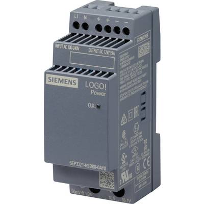 Automatisierungsmodul in grau mit Siemens-Logo, zeigt Ein- und Ausgänge. Wandmontage. Markiert für Eingang AC 100-240V, Ausgang DC 12V/1,9A.