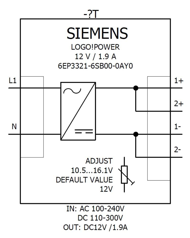 Schaltplan eines Siemens Logo!Power Netzteils. Zeigt elektrische Anschlüsse L1, N, 1+, 2+, 1-, 2- mit Justiereinstellung für 12 V.