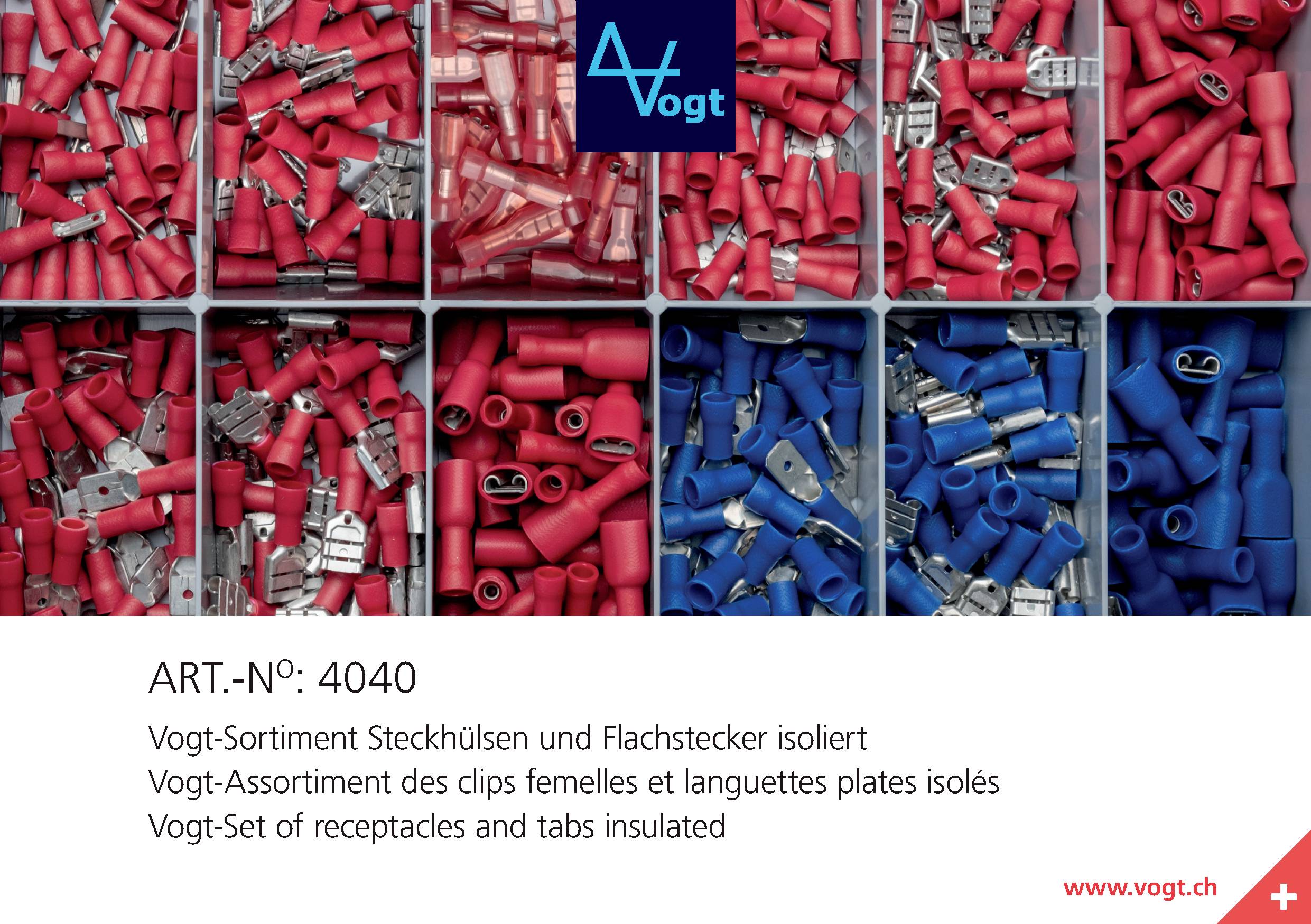 Behälter mit roten und blauen isolierten Steckhülsen und Flachsteckern aus Metall. Produkte der Marke Vogt. Artikelnummer 4040.